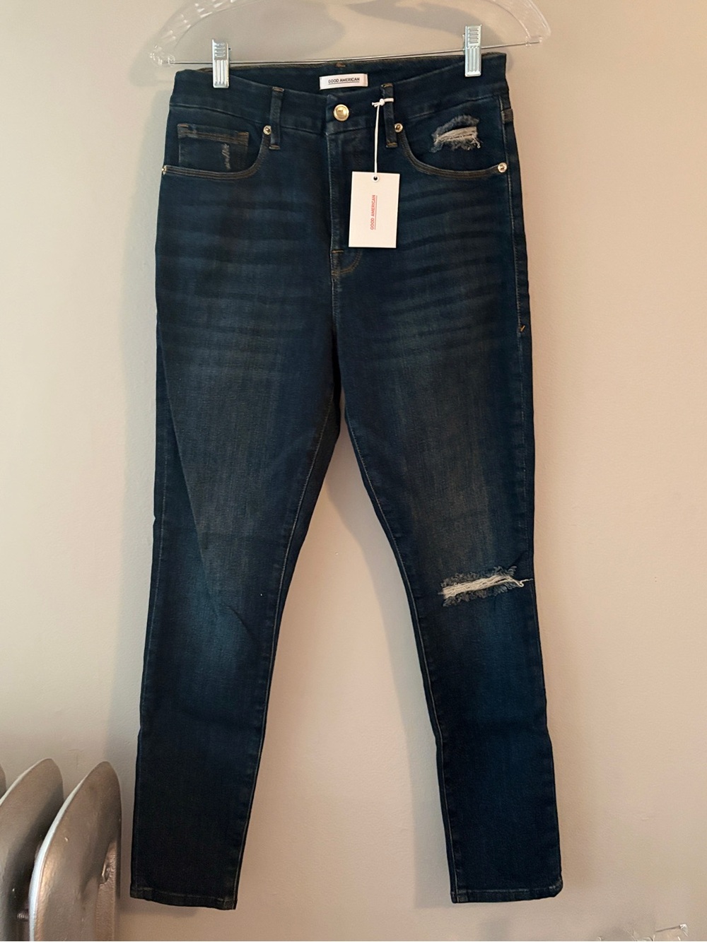 Good American Good Legs Dark Indigo Skinny Jeans with Distressed Knee